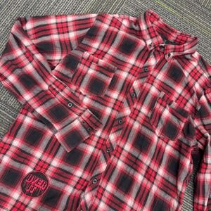 Tyler Carter x Hot Topic Flannel Shirt Mens Large Red Black Plaid Patch Zip Back